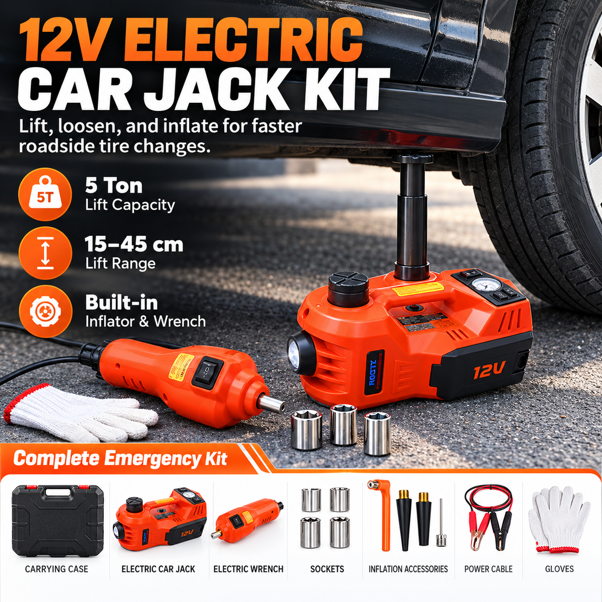 12V Electric Hydraulic Jack Set – Heavy Duty 5 Ton Lift Jack with Elec ...